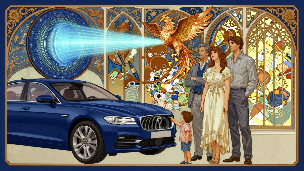 Mandala a forma di fenice che nasce da plastica riciclata, circondato da tecnologie di riparazione e carrozzerie italiane.