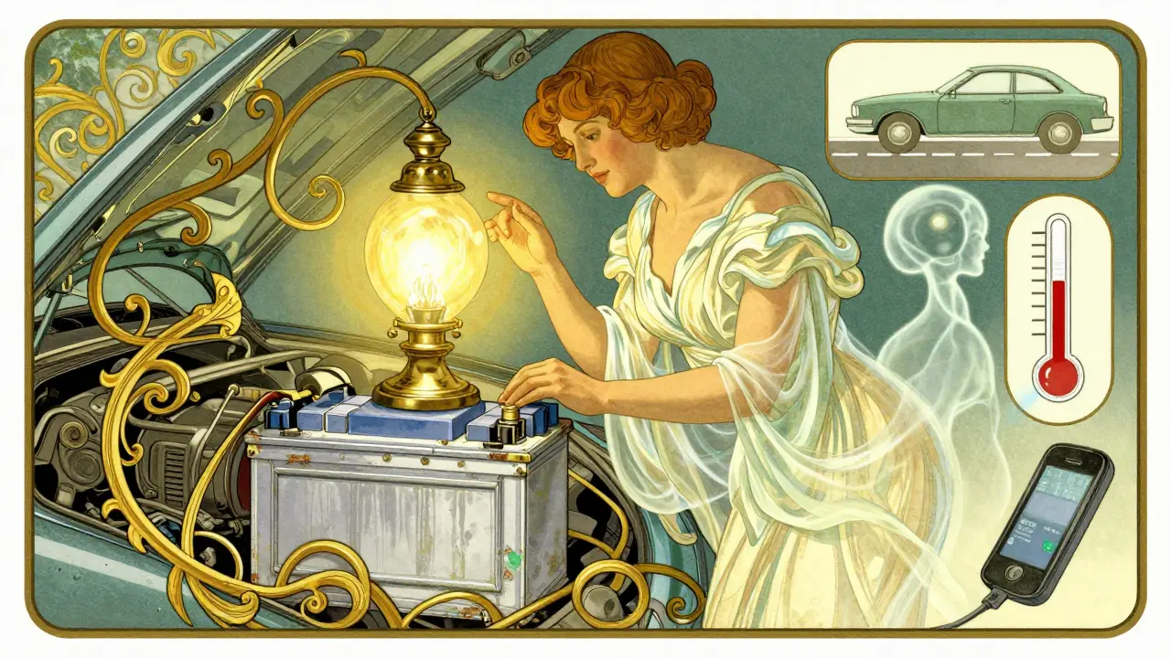 Meccanico che ispeziona una batteria corrosa con motivi ornamentali, icone di guasti fluttuanti intorno.