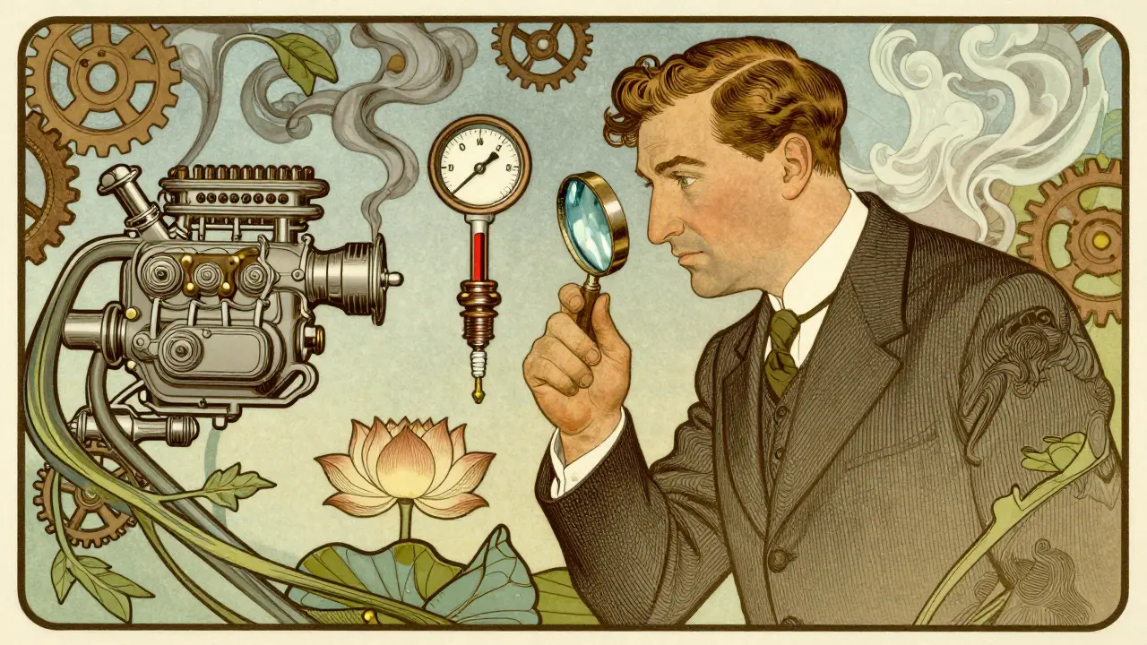 Meccanico che ispeziona una candela circondato da simboli stilizzati di guasto e manutenzione.