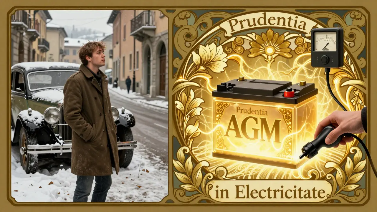 Rappresentazione stilizzata di una batteria vecchia a sinistra e una nuova AGM luminosa a destra, in stile Art Nouveau.