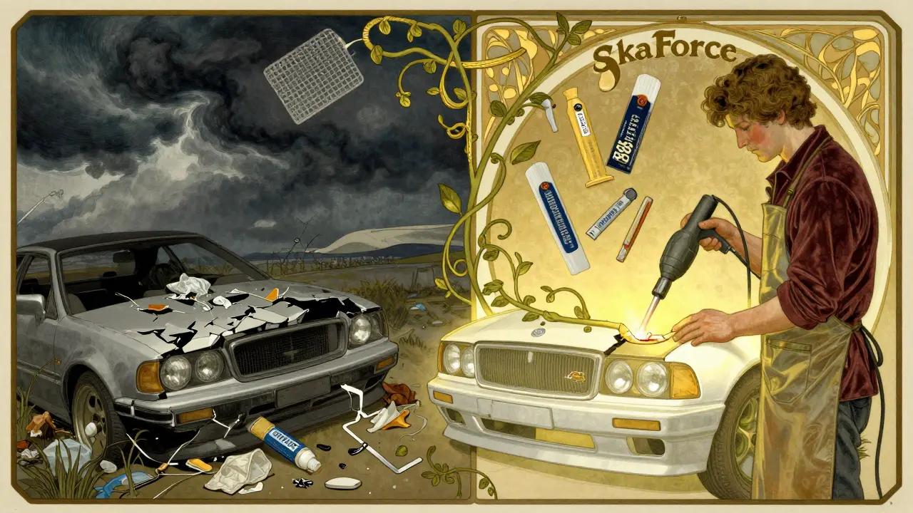 Scena divisa: paraurti rotto a sinistra, riparato a destra, con fili adesivi che sembrano viti viventi.