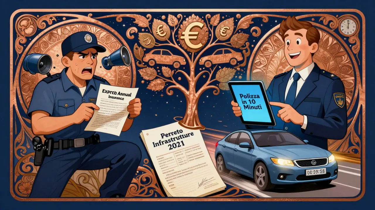 Scena divisa: sinistra con polizia e polizza scaduta, destra con tablet che attiva assicurazione in 10 minuti, albero cresce dal decreto 2021.