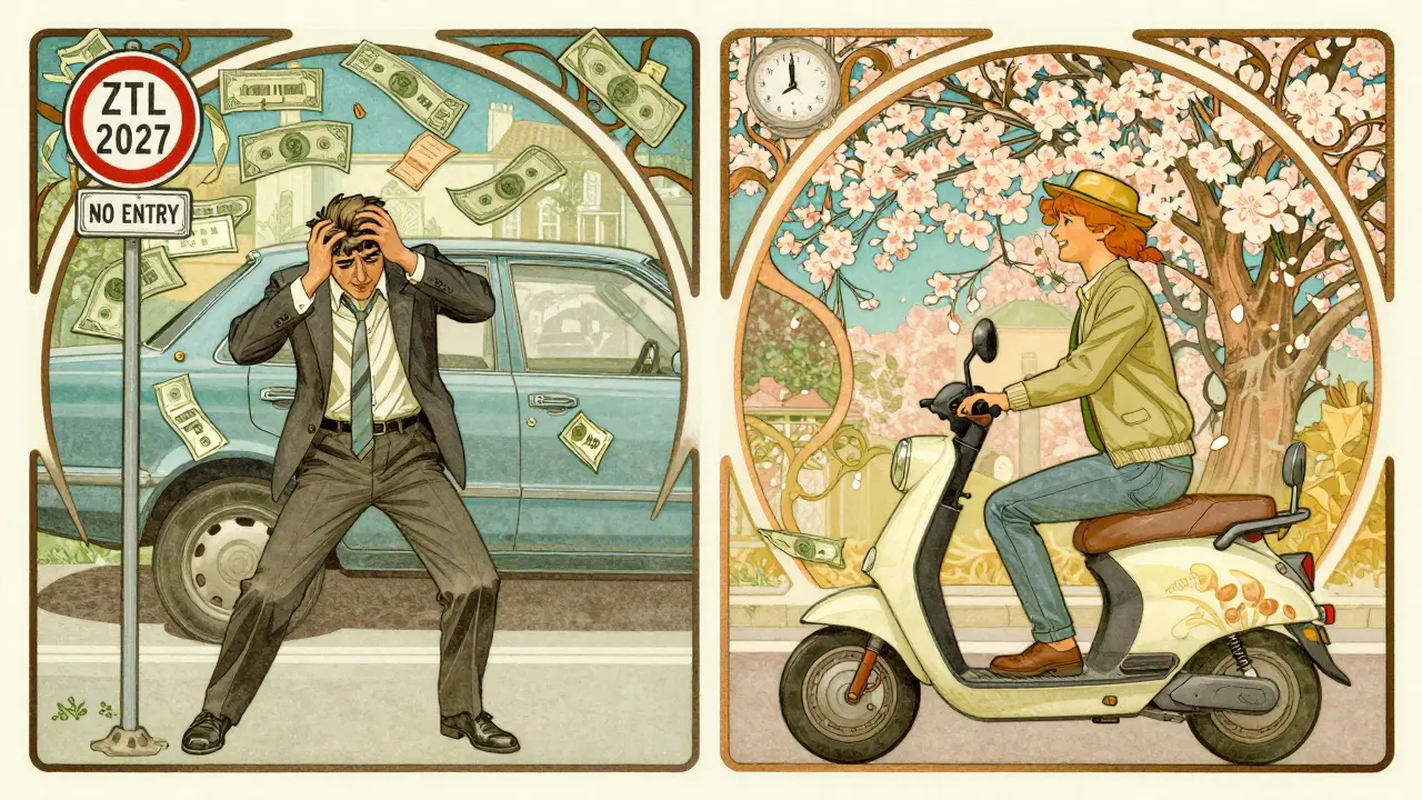 Scena divisa: uomo stressato con auto usata contro ciclista sereno su scooter elettrico, stile Art Nouveau.