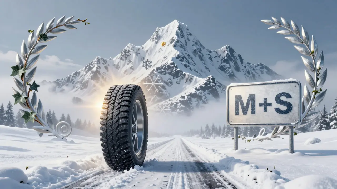 Simbolo 3PMSF luminoso emerge da un battistrada, circondato da motivi floreali Art Nouveau e fiocchi di neve.