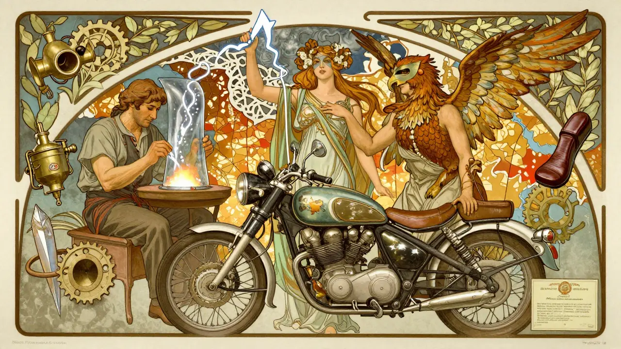 Tre figure simboliche che rappresentano le garanzie accessorie per moto storiche, in un'illustrazione ornamentale in stile Art Nouveau.