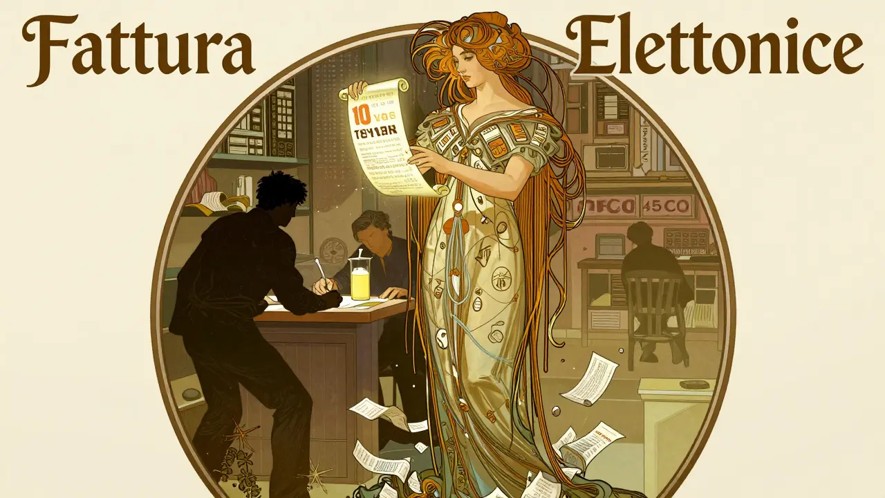 Una donna simbolo della fattura elettronica protegge un'officina con un archivio digitale e distrugge fatture cartacee.