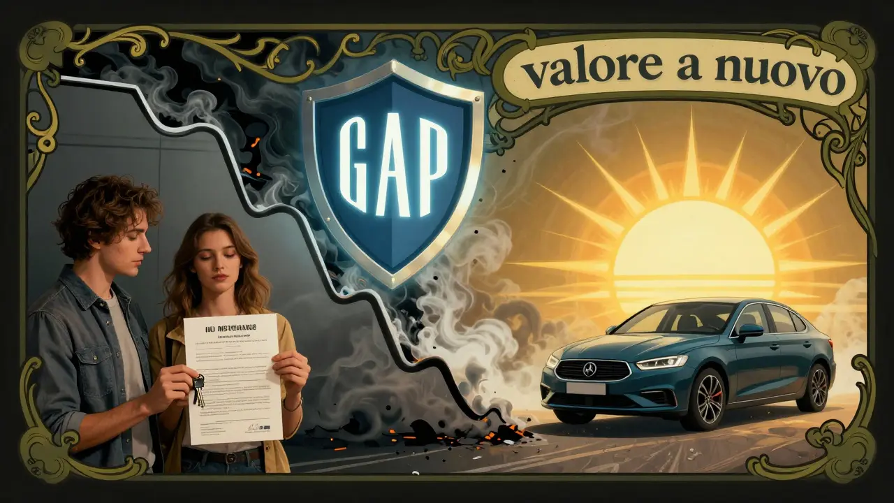 Auto che scompare nel fumo mentre uno scudo GAP emerge, con il valore a nuovo che risorge tra motivi vegetali ornati.