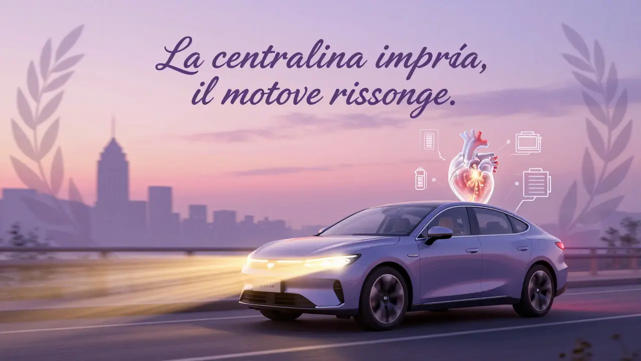 Auto che scorre al tramonto con un cuore ECU che pulsa dorato, circondato da icone meccaniche in uno stile Art Nouveau onirico.