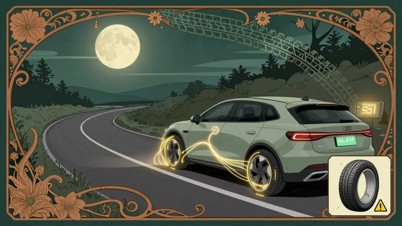 Auto in viaggio notturno con sensori AI che monitorano gli pneumatici in tempo reale.