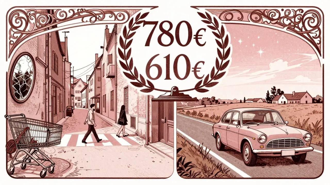 Auto parcheggiata in città caotica da un lato e in campagna serena dall'altro, con i costi assicurativi in evidenza.