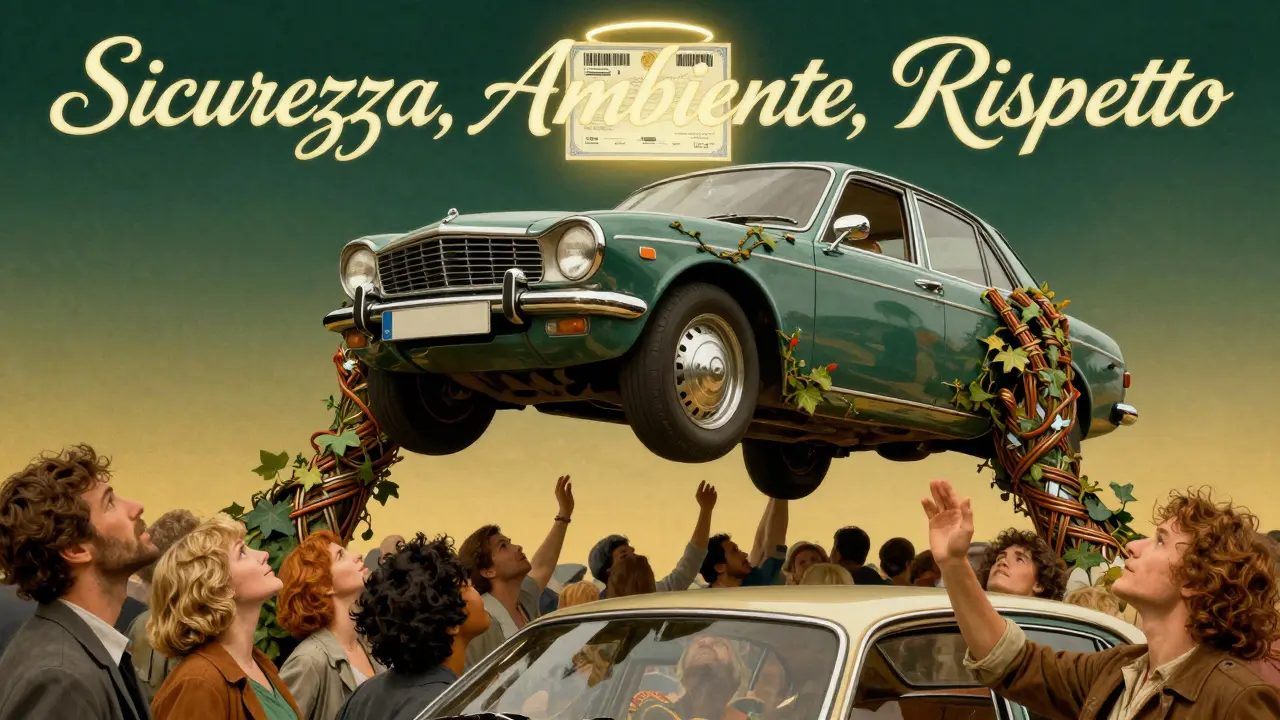 Auto sospesa tra mani intrecciate di metallo e ivi, con certificato luminoso sopra, stile Art Nouveau.