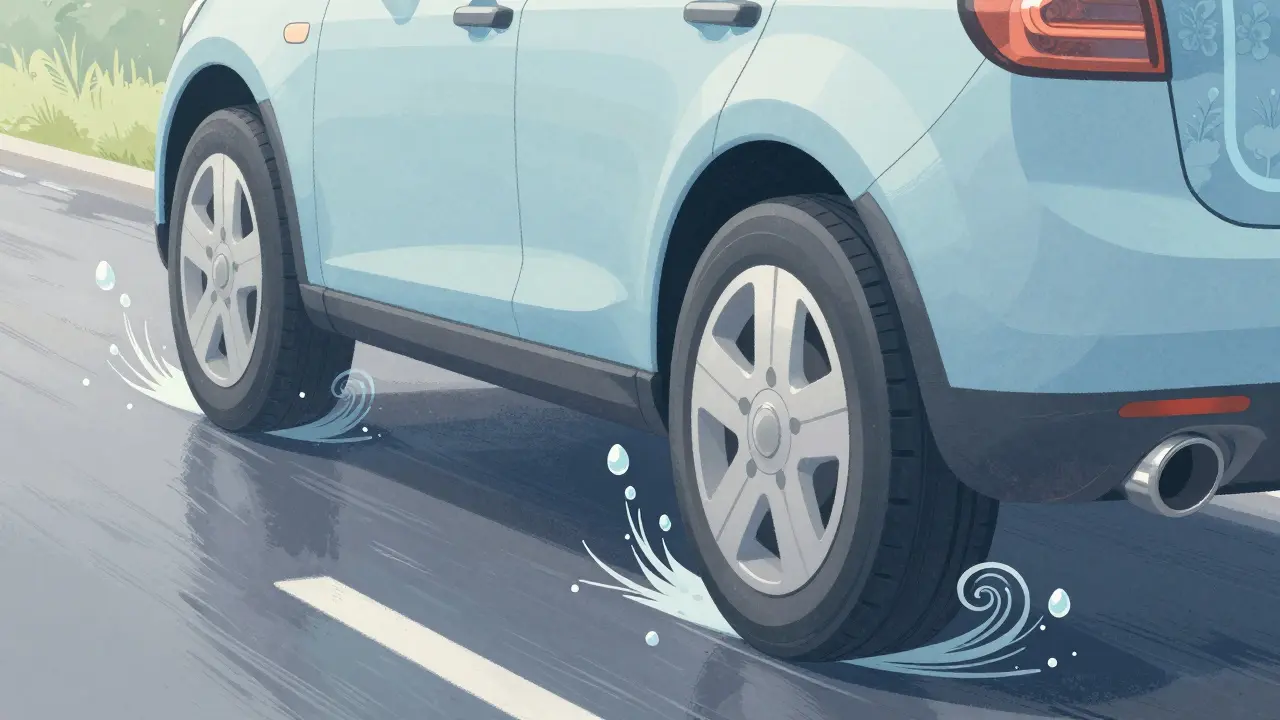 Auto su strada bagnata con sospensione stilizzata in stile Art Nouveau