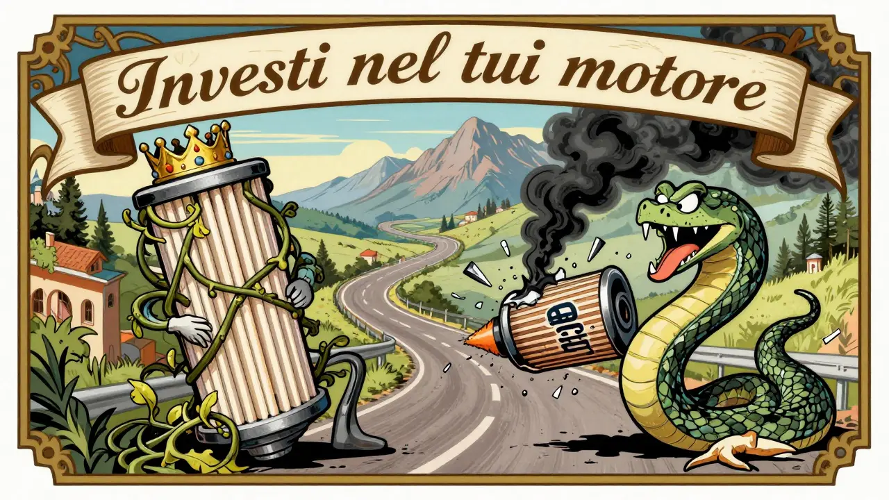 Battaglia simbolica tra filtro olio originale eroico e filtro aftermarket serpente che rilascia detriti, su fondo stradale italiano.