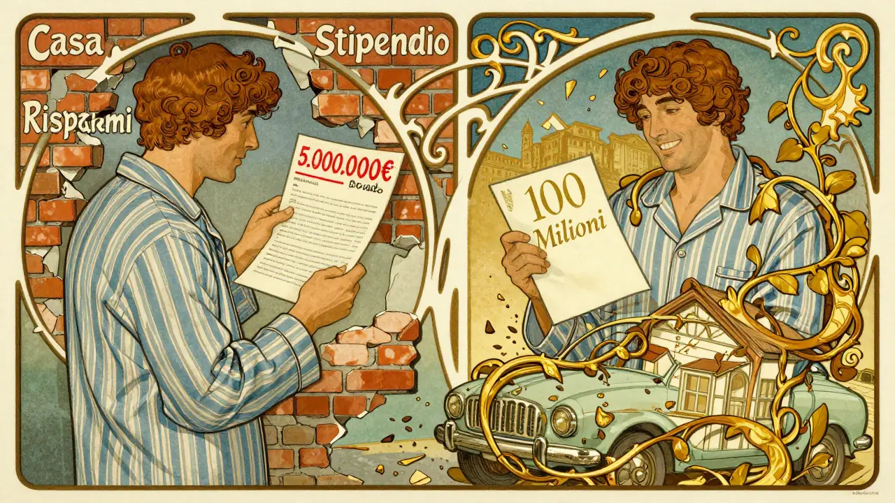 Confronto tra disastro finanziario e protezione assicurativa, con vignette contrapposte in stile Art Nouveau.