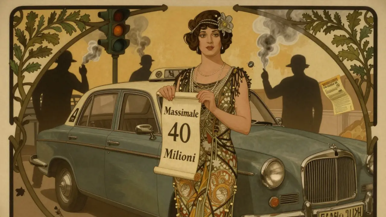 Donna serena accanto all’auto con il massimale da 40 milioni, mentre danni catastrofici si dissolvono in fumo, stile Art Nouveau.