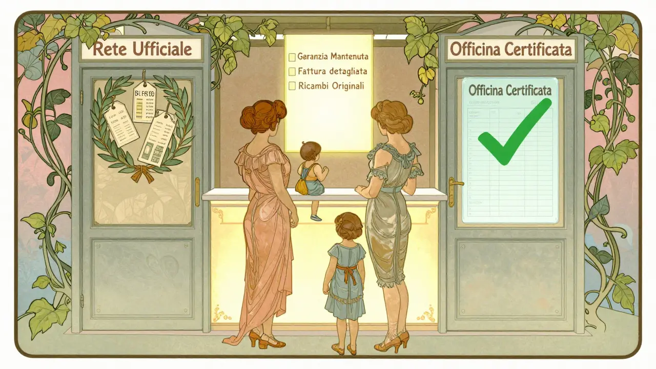 Famiglia davanti a due porte di manutenzione con checklist luminose e dettagli di garanzia in stile Art Nouveau.
