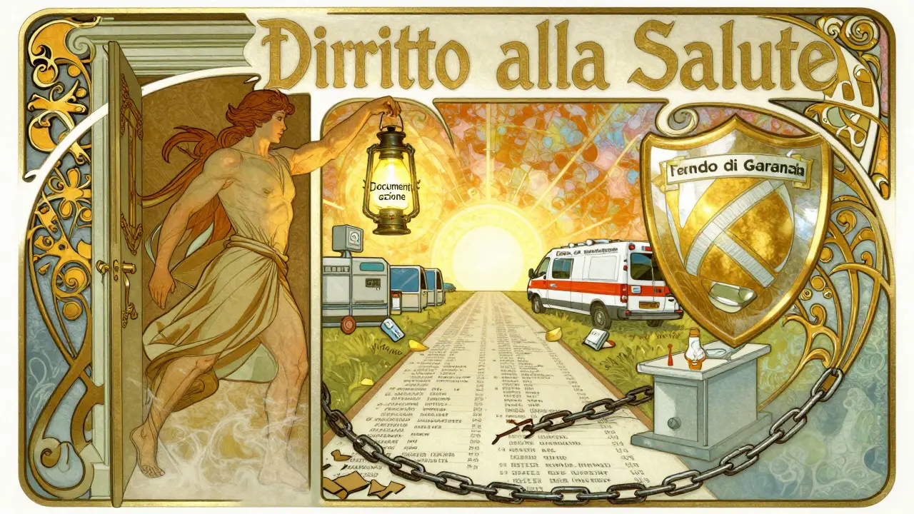 Figura che avanza verso una porta della salute, portando una lanterna dei documenti, con dispositivi medici e uno scudo del Fondo di Garanzia in stile Art Nouveau.
