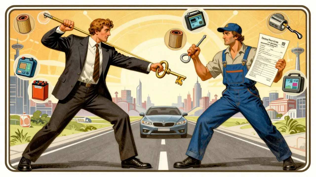 Figura in abito contro meccanico che combattono per la scelta del tagliando con strumenti e fattura.