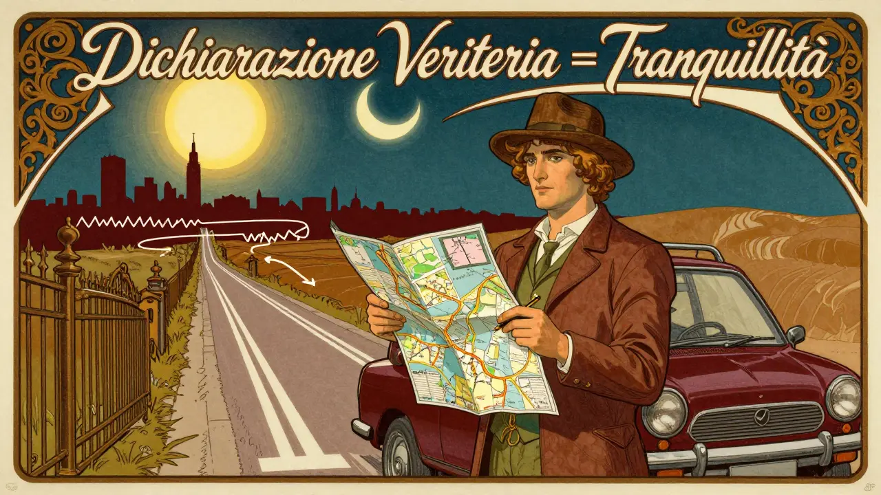 Guidatore all'ingresso di una città, con tracce GPS che si dividono tra urbano e extraurbano in stile Art Nouveau.