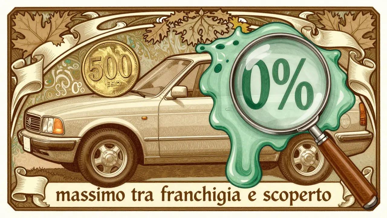 Illustrazione Art Nouveau che confronta franchigia fissa e scoperto percentuale con simboli visivi e ornamenti elaborati.