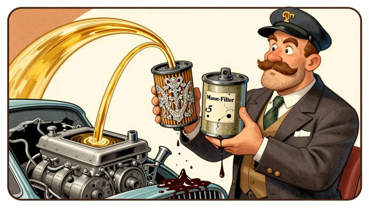 Meccanico che confronta due filtri olio: uno di marca elegante e uno scadente, con olio pulito che fluisce dal primo e fango dal secondo.