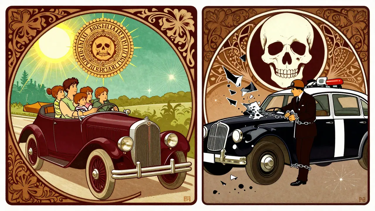 Scena divisa: famiglia al sicuro da un lato, auto sequestrata dall'altro, stile Art Nouveau.