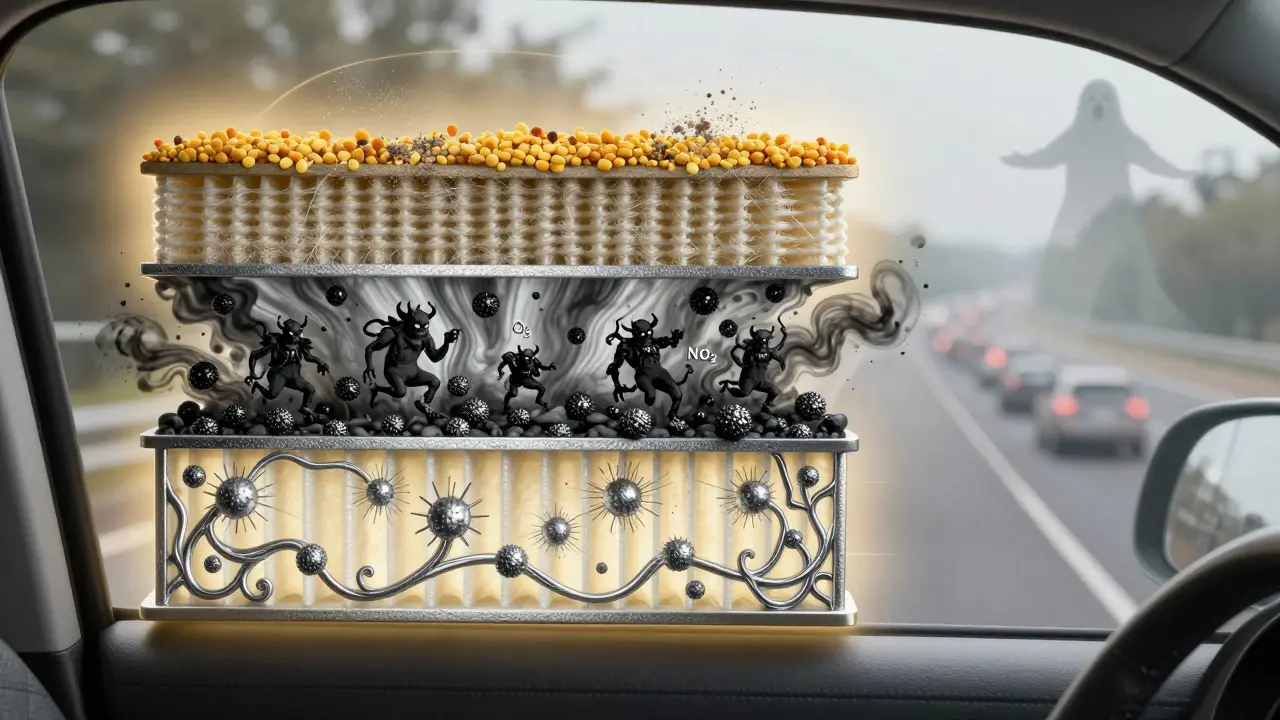 Sezione ingrandita del filtro abitacolo con strati decorativi che catturano inquinanti e muffe.