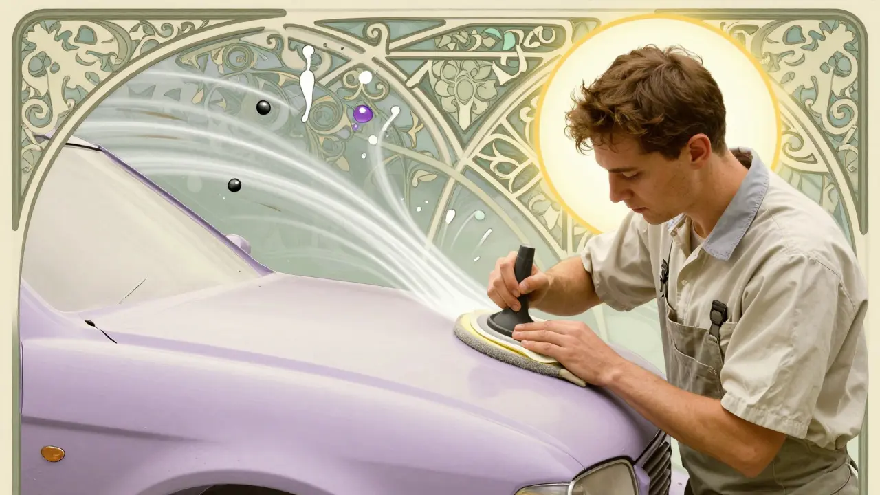 Tecnico che carteggia delicatamente la carrozzeria, con gocce di vernice sospese nell'aria in stile Art Nouveau.