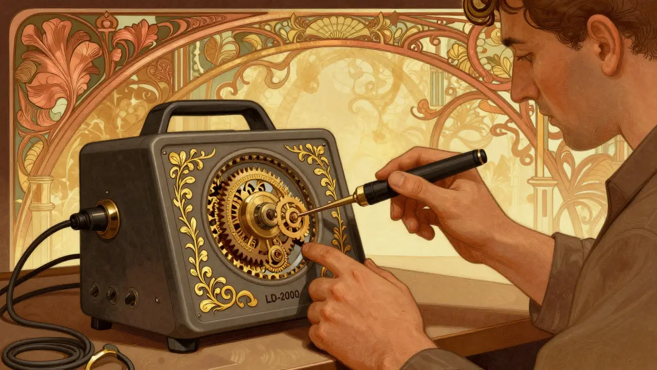 Tecnico con strumento diagnostico in officina Art Nouveau