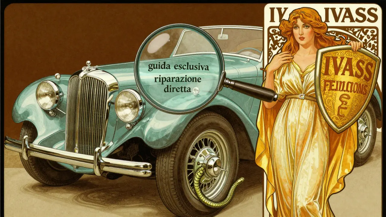 Un'auto con clausole nascoste come serpenti, protetta da una figura simbolica di tutela dei consumatori.