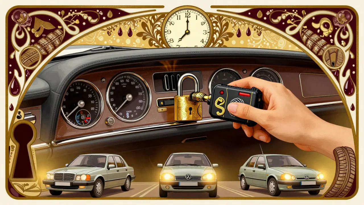 Un dispositivo OBD2 a forma di serpente sblocca il cruscotto di una Mercedes, mentre auto comuni brillano con indicatori spenti in un contesto Art Nouveau.