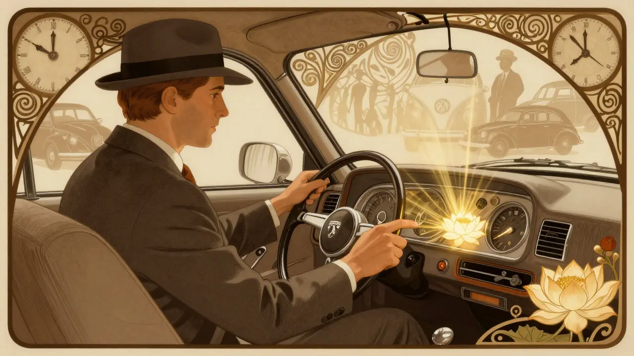 Un guidatore azzerare la spia del servizio su una Peugeot, con la luce che si trasforma in un fiore e simboli meccanici in stile Art Nouveau.