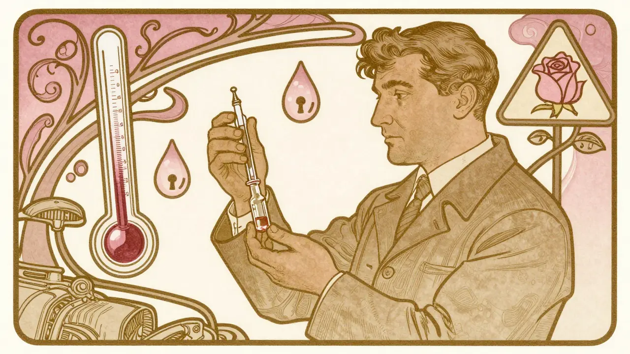 Un meccanico che controlla il liquido refrigerante con un misuratore, circondato da simboli floreali e strumenti in stile Art Nouveau.
