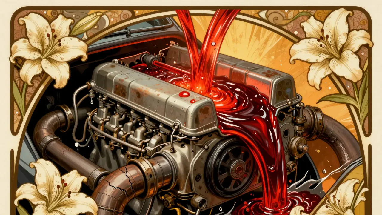 Un motore diviso in due: da un lato fluido scuro e corrosivo, dall'altro liquido brillante che fluisce, con motivi floreali che simboleggiano rinascita.