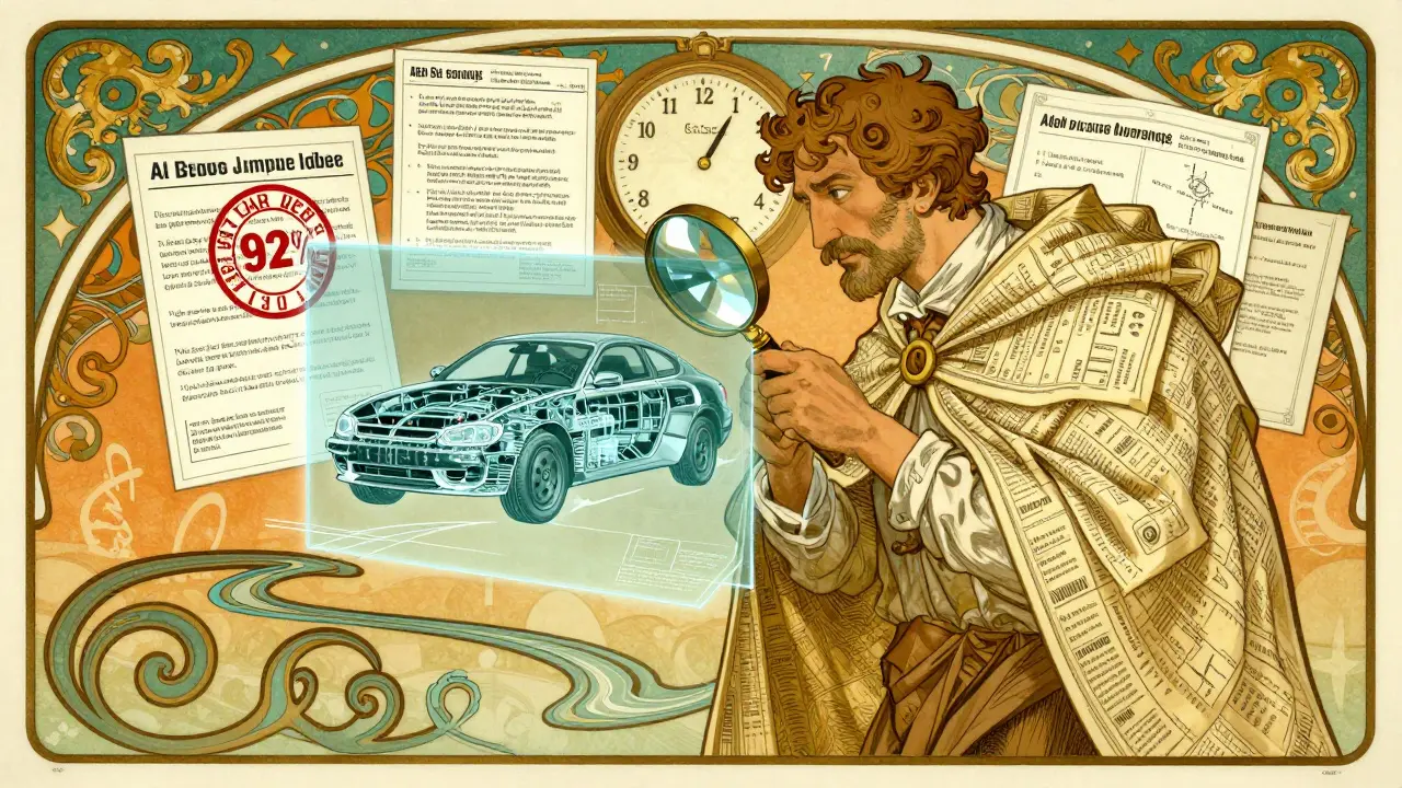 Un perito in abito nobile che analizza un hologramma di componenti elettronici, con documenti e dati fluttuanti in stile Art Nouveau.