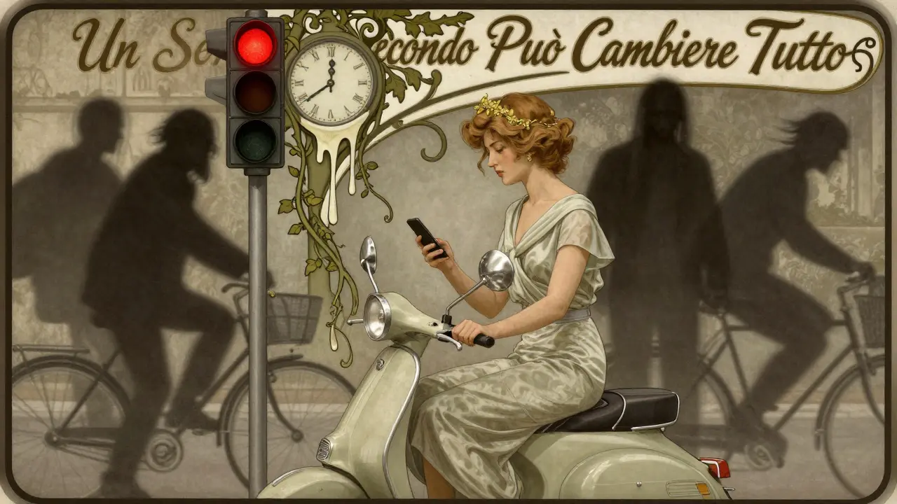 Una donna su uno scooter guarda il telefono al semaforo, mentre figure ombrose la circondano in stile Art Nouveau.