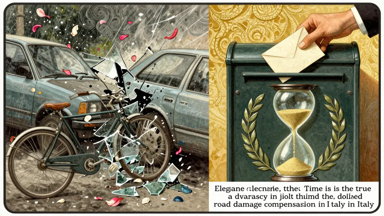 Bicicletta e auto in collisione a sinistra, lettera certificata che entra in una cassetta a destra, con un'ampolla di sabbia che scorre.