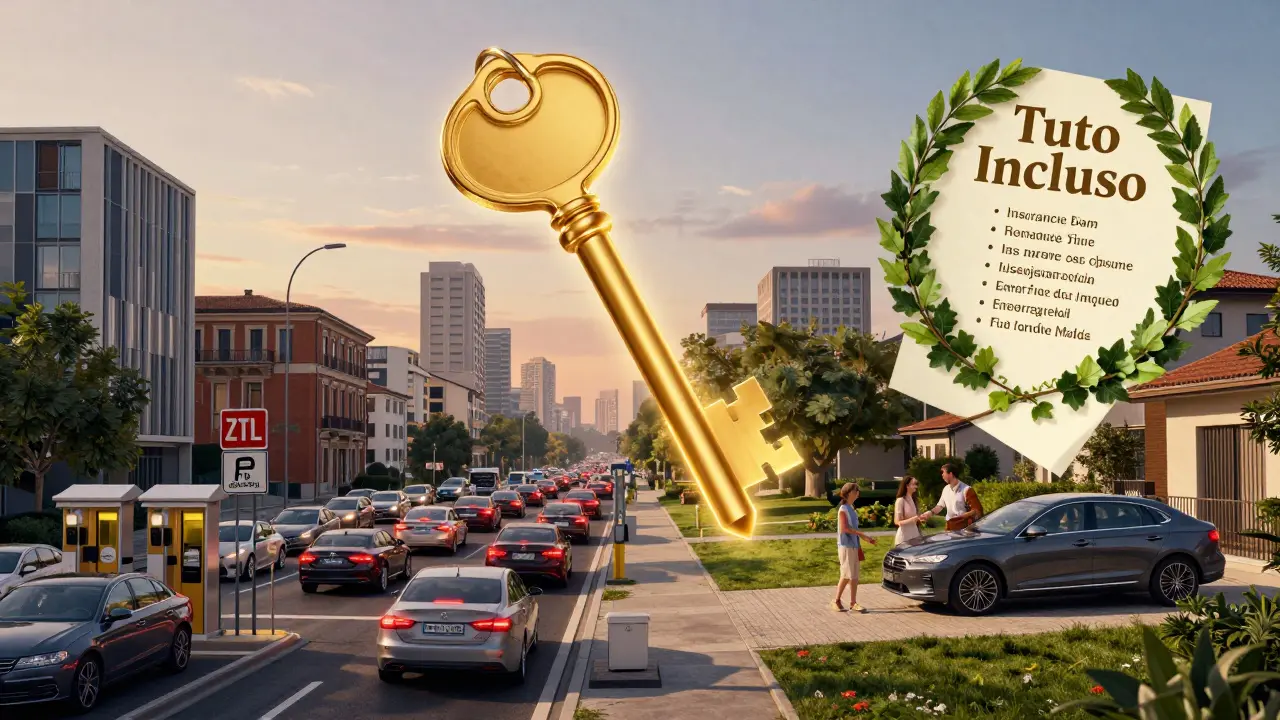 Chiave dorata che separa traffico urbano da noleggio a lungo termine con servizi inclusi, in stile Art Nouveau.