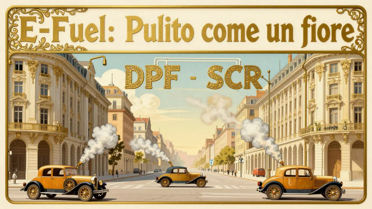Città europea con auto vintage che emettono esalazioni floreali, sistemi DPF e SCR integrati in motivi ornamentali.