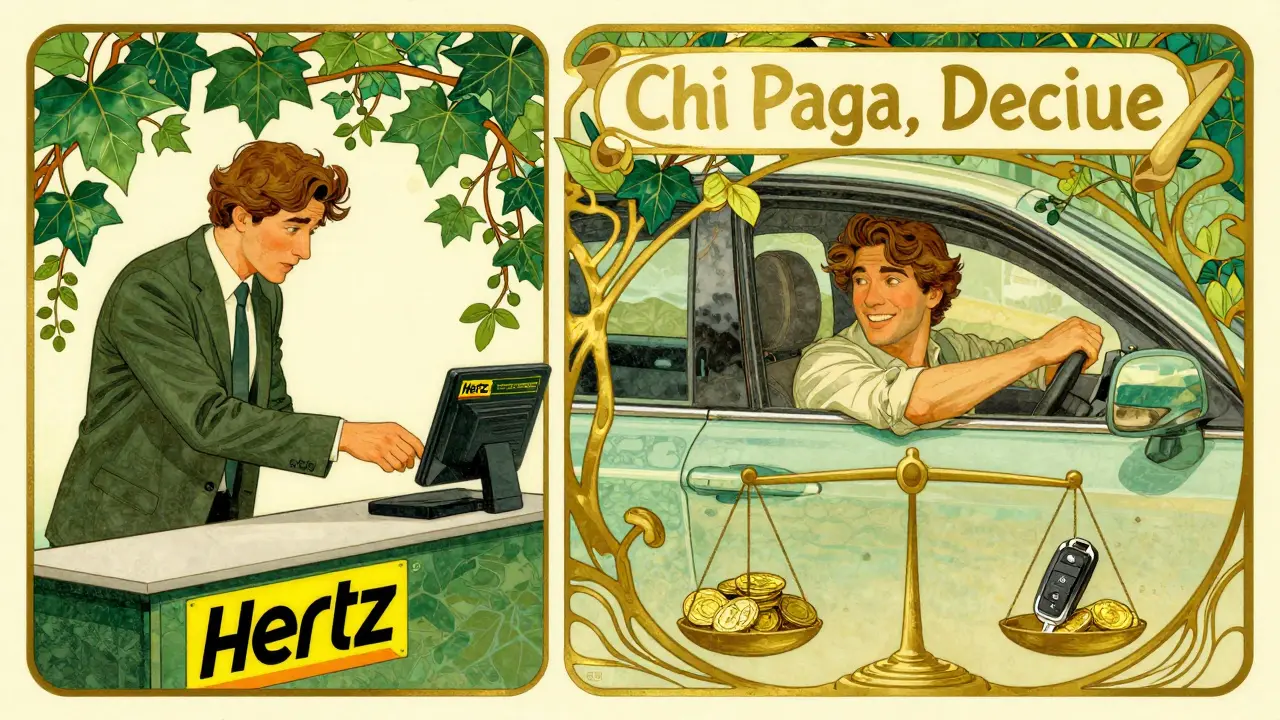 Confronto tra chi paga un noleggio e chi gode di un'auto sostitutiva, con simboli di equilibrio e decori in stile Art Nouveau.