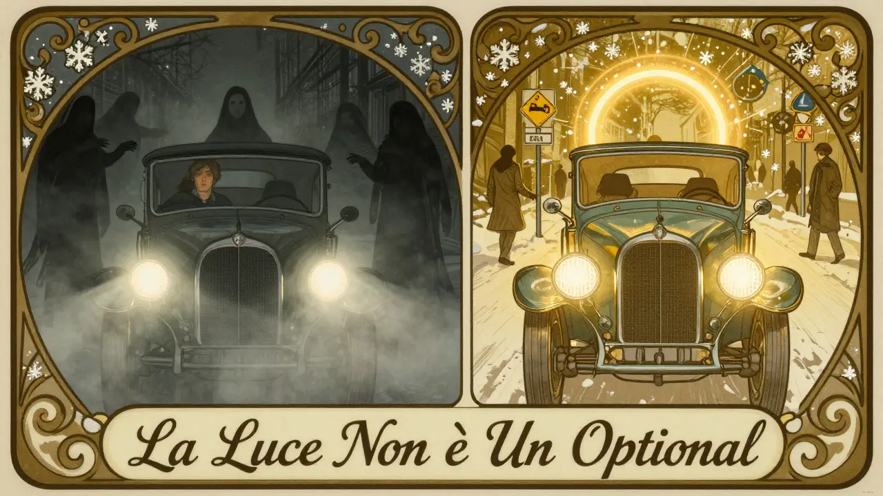 Confronto tra fari spenti e fari luminosi in stile Art Nouveau, con elementi decorativi che simboleggiano sicurezza.