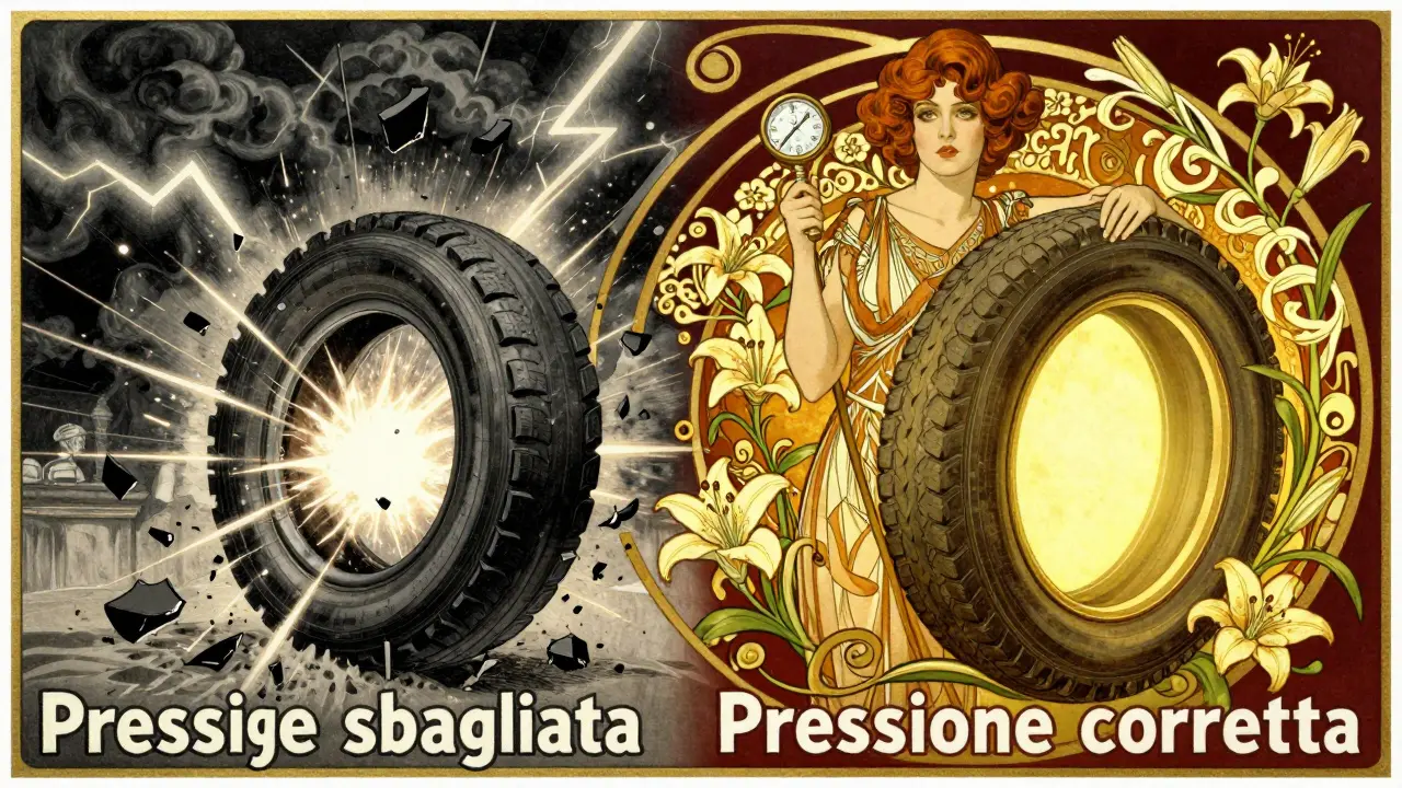 Confronto tra pneumatico esploso e pneumatico sano, stile pubblicitario Art Nouveau.