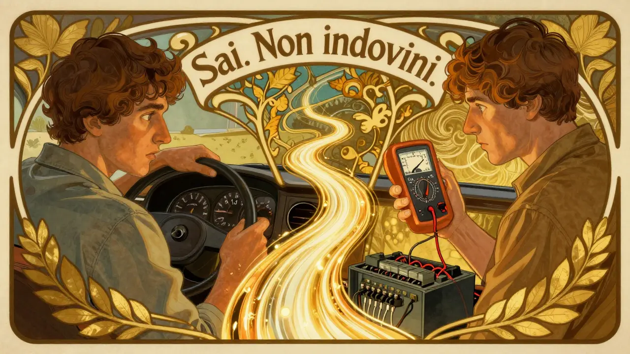 Confronto tra un guidatore confuso e uno sicuro che usa un multimetro per controllare un fusibile, in stile Art Nouveau.