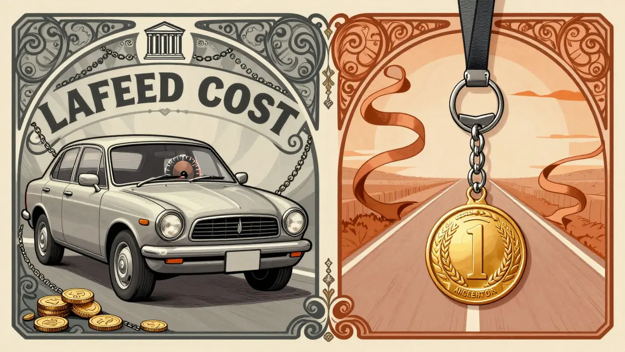 Confronto visivo leasing e prestito con simboli di proprietà