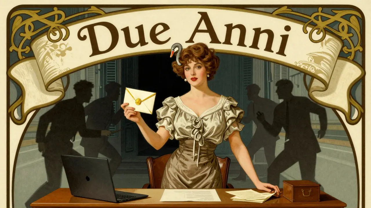 Donna che invia una raccomandata A/R con un'enorme busta ornata, mentre le compagnie assicurative si allontanano.