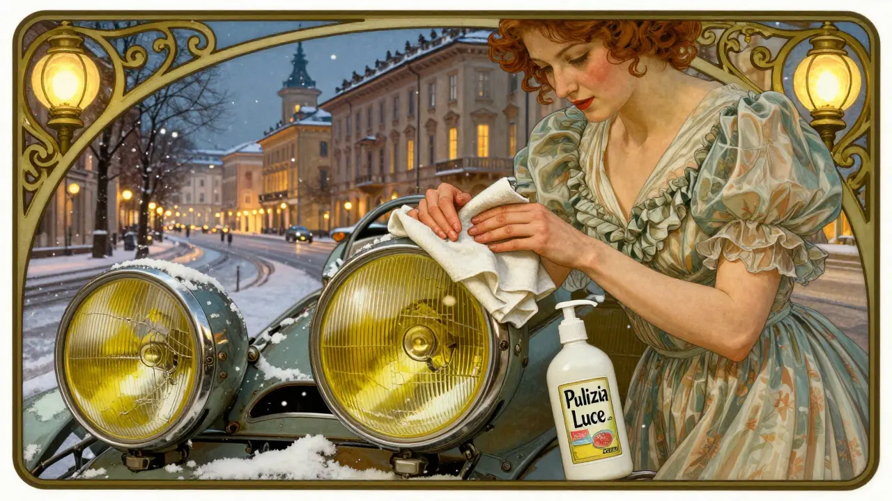 Donna che pulisce con cura la lente del faro di un'auto, in un contesto invernale e decorativo Art Nouveau.