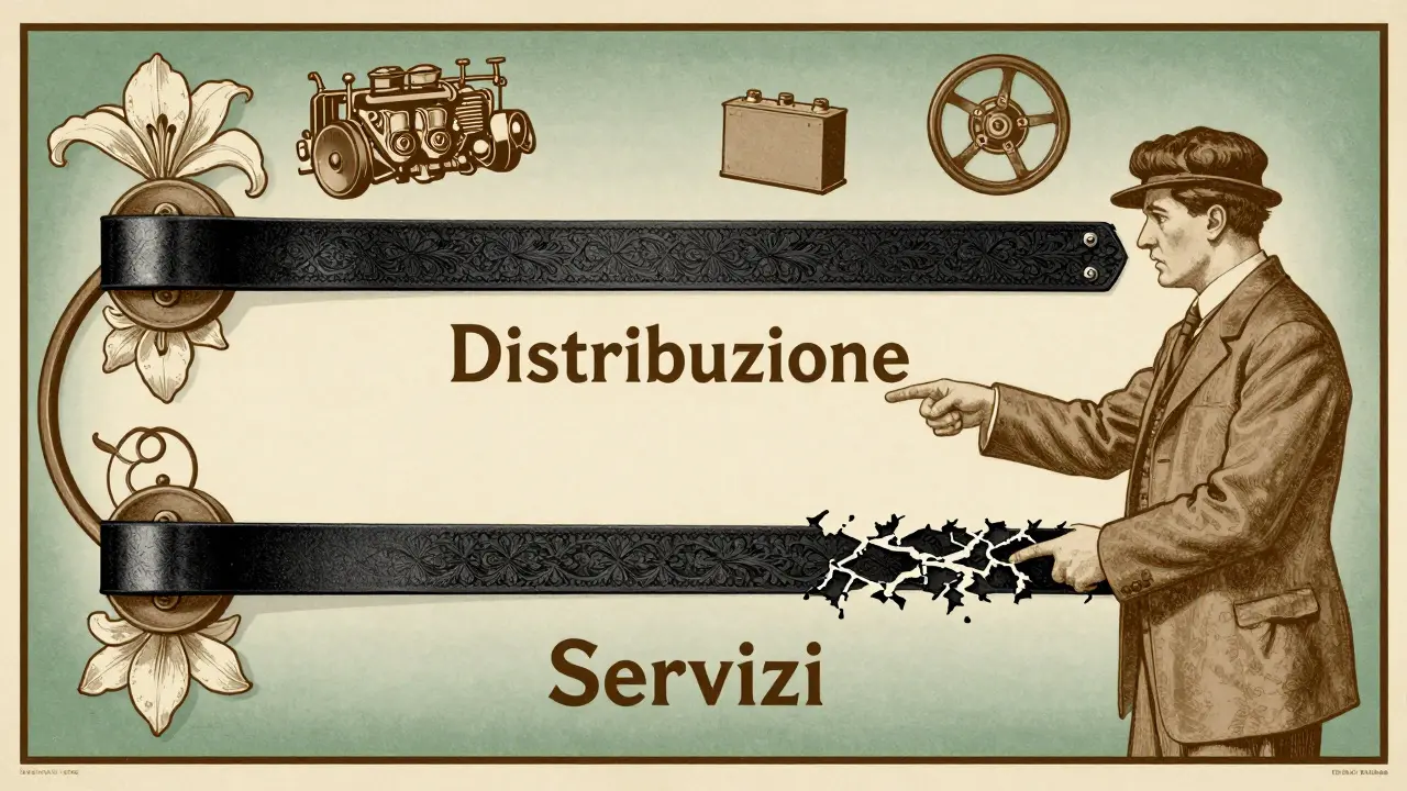 Due cinghie laterali: una intatta e una rovinata, circondate da icone di guasti automobilistici in stile Art Nouveau.