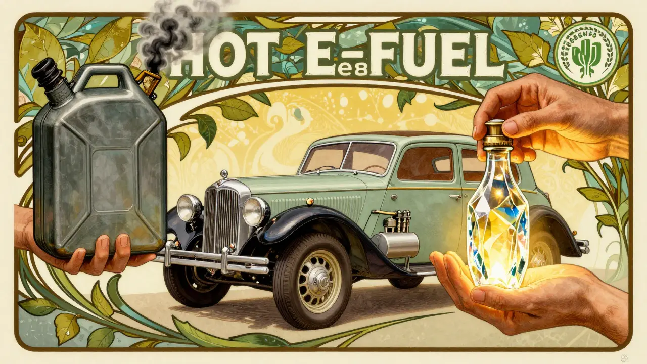 Due mani che offrono carburante tradizionale ed e-fuel, auto al centro con componenti di post-combustione visibili e badge di conformità.