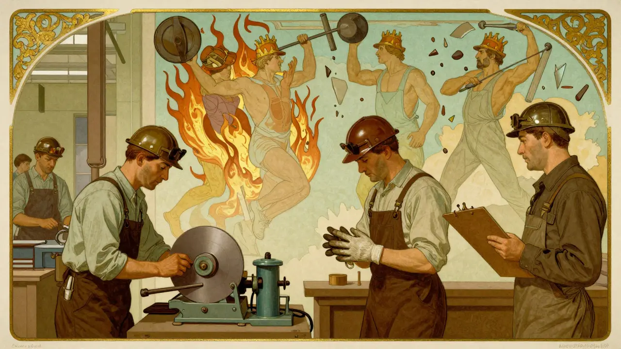 Lavoratori che controllano attrezzature e documenti di sicurezza in un'officina con decori floreali in stile Art Nouveau.