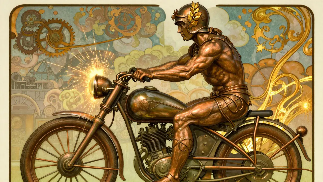 Motorino di avviamento stilizzato come guerriero meccanico con scintille e cavi dorati in stile Art Nouveau.